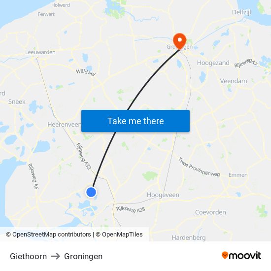 Giethoorn to Groningen map