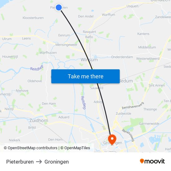 Pieterburen to Groningen map