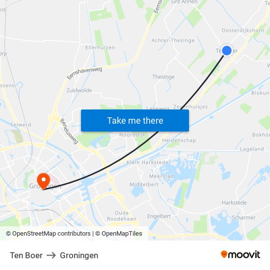 Ten Boer to Groningen map