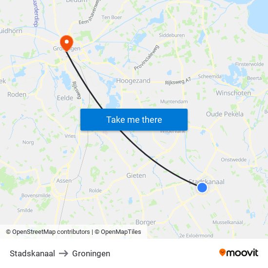 Stadskanaal to Groningen map