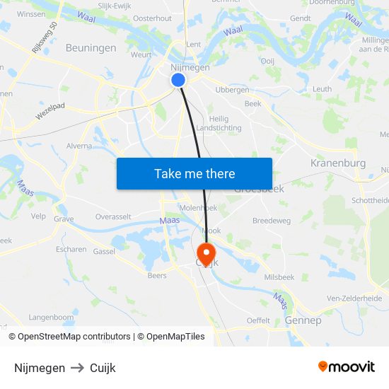 Nijmegen to Cuijk map