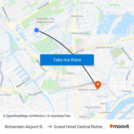 Rotterdam Airport RTM to Grand Hotel Central Rotterdam map