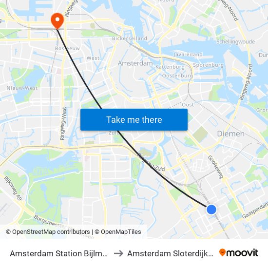 Amsterdam Station Bijlmer ArenA to Amsterdam Sloterdijk Station map