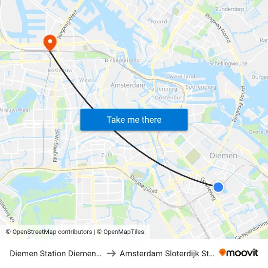 Diemen Station Diemen Zuid to Amsterdam Sloterdijk Station map