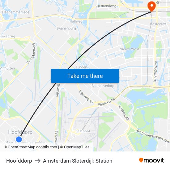 Hoofddorp to Amsterdam Sloterdijk Station map