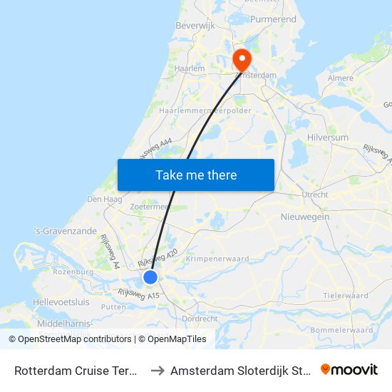 Rotterdam Cruise Terminal to Amsterdam Sloterdijk Station map