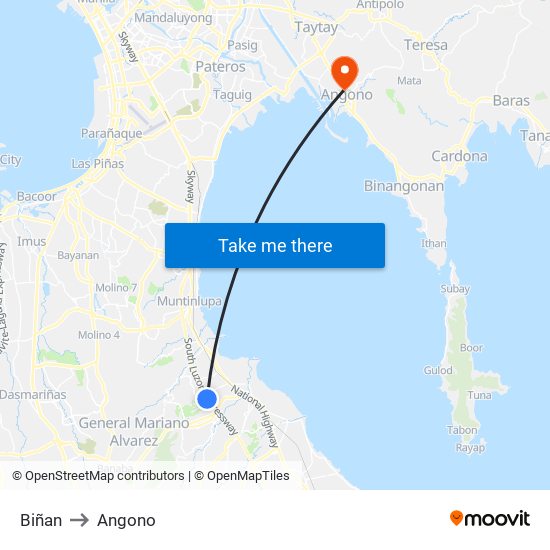 Biñan to Angono map