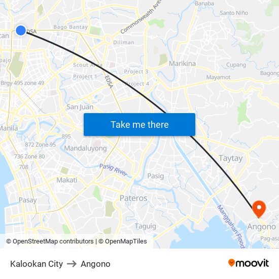 Kalookan City to Angono map