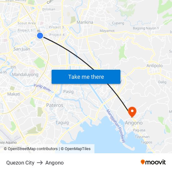 Quezon City to Angono map