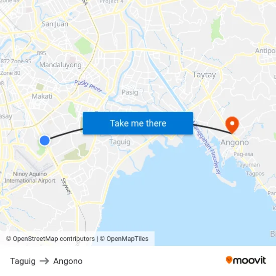 Taguig to Angono map