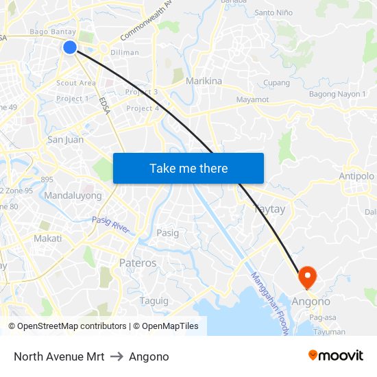 North Avenue Mrt to Angono map