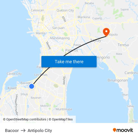 Bacoor to Antipolo City map