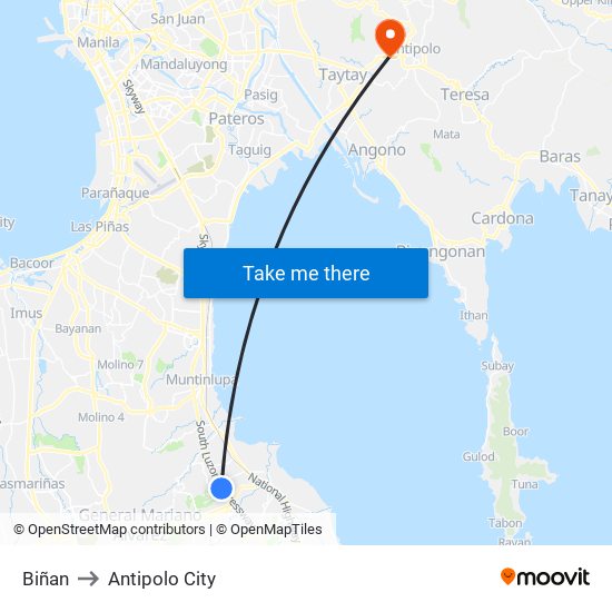 Biñan to Antipolo City map