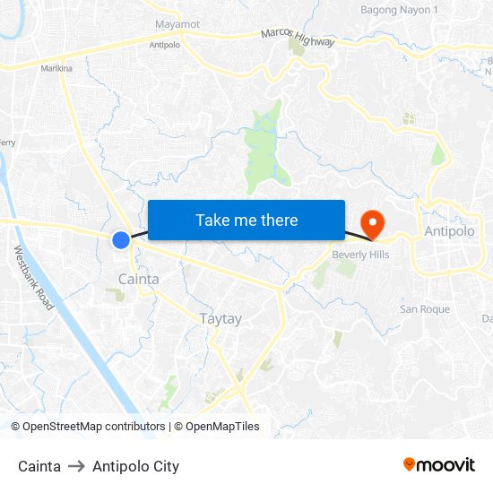 Cainta to Antipolo City map