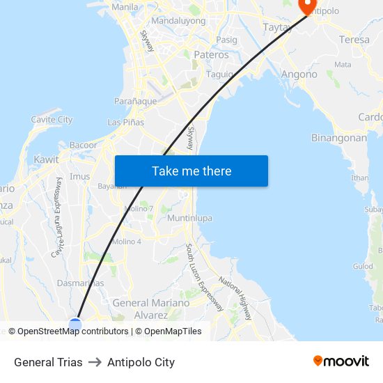 General Trias to Antipolo City map