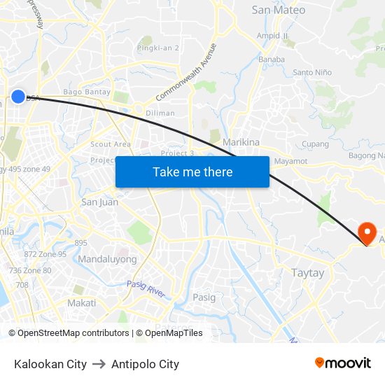 Kalookan City to Antipolo City map