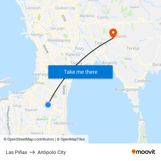 Las Piñas to Antipolo City map