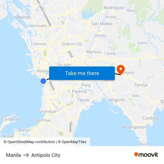 Manila to Antipolo City map