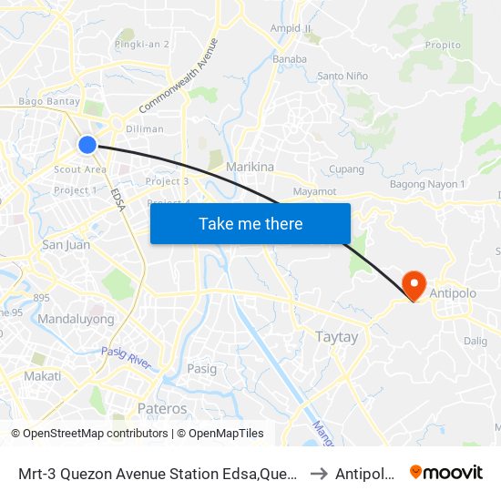 Mrt-3 Quezon Avenue Station Edsa,Quezon City, Manila to Antipolo City map