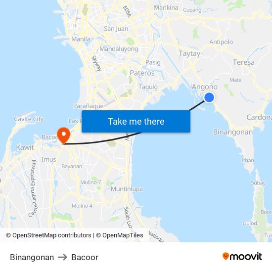 Binangonan to Bacoor map
