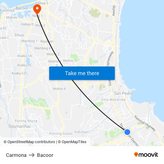 Carmona to Bacoor map