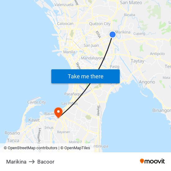 Marikina to Bacoor map