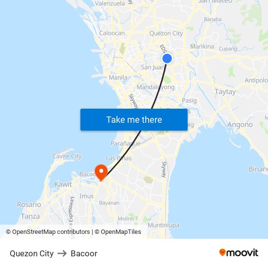 Quezon City to Bacoor map