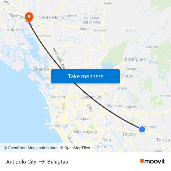 Antipolo City to Balagtas map