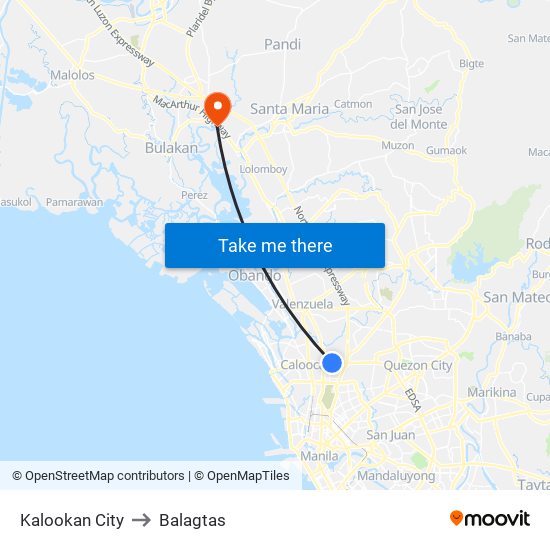 Kalookan City to Balagtas map