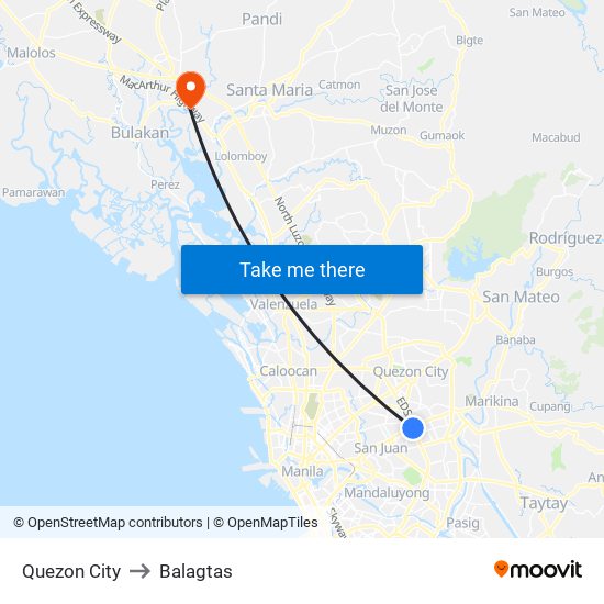 Quezon City to Balagtas map