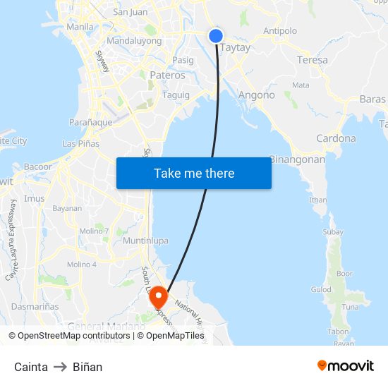 Cainta to Biñan map