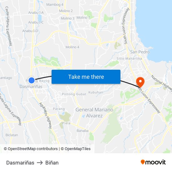 Dasmariñas to Biñan map