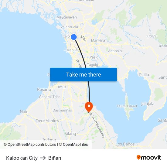 Kalookan City to Biñan map