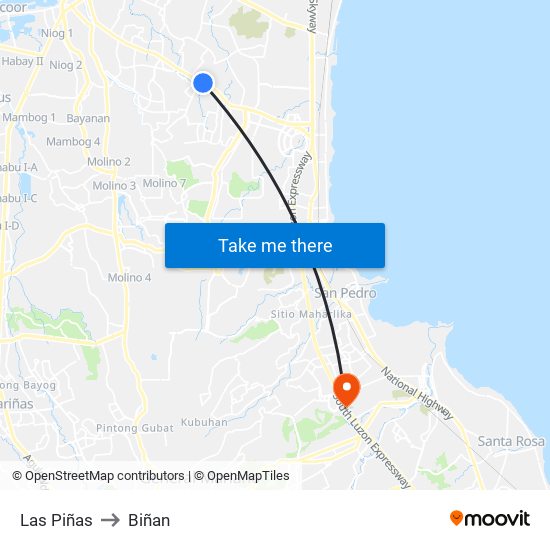 Las Piñas to Biñan map