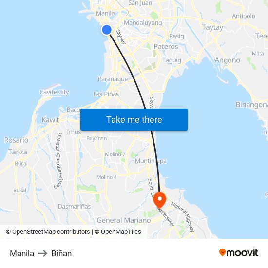 Manila to Biñan map