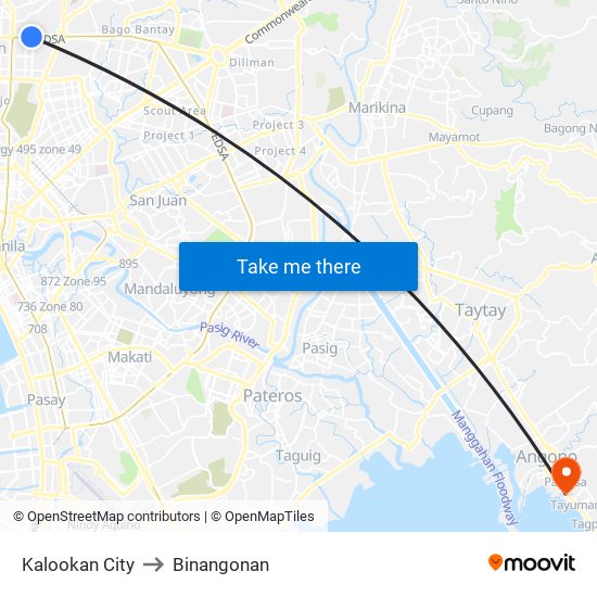 Kalookan City to Binangonan map