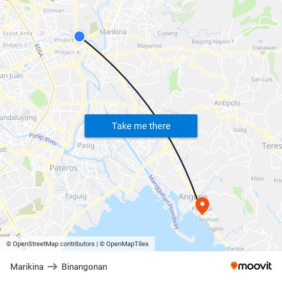 Marikina to Binangonan map