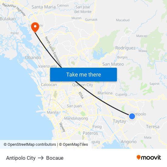 Antipolo City to Bocaue map