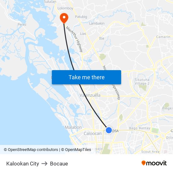 Kalookan City to Bocaue map