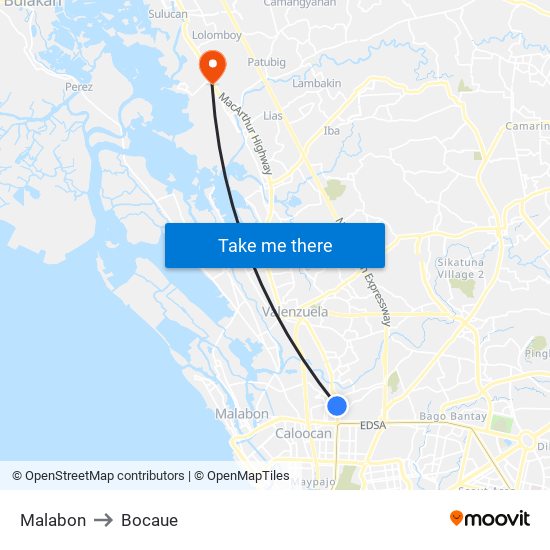 Malabon to Bocaue map