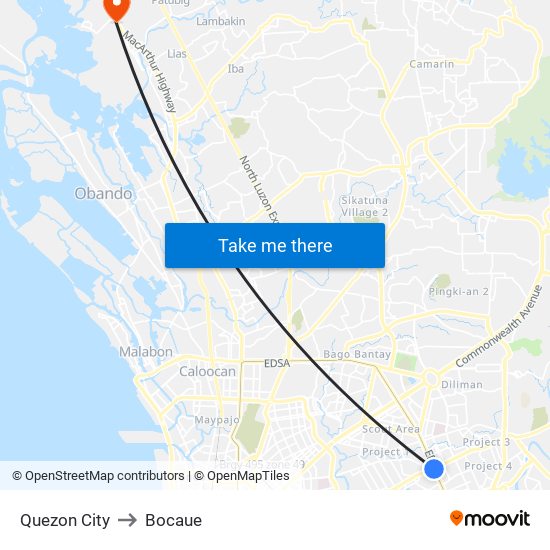 Quezon City to Bocaue map