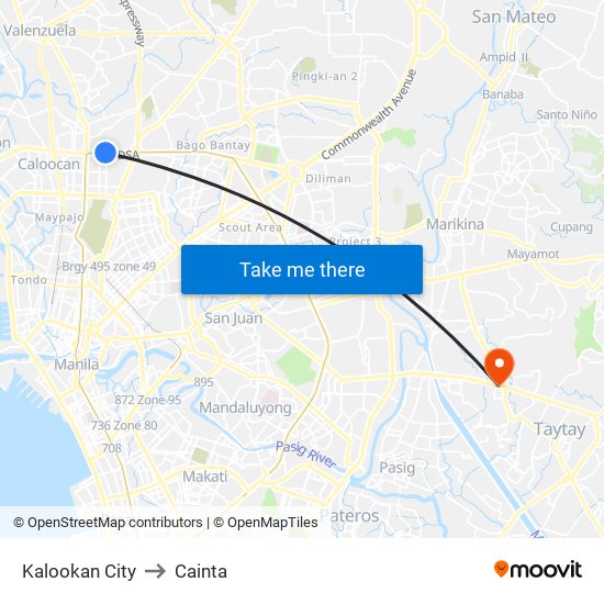 Kalookan City to Cainta map