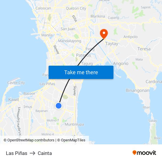 Las Piñas to Cainta map