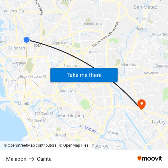 Malabon to Cainta map