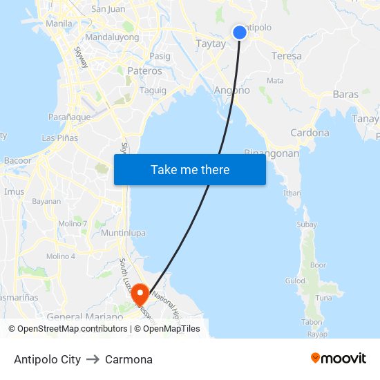 Antipolo City to Carmona map