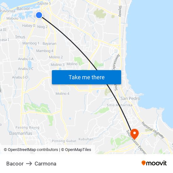 Bacoor to Carmona map