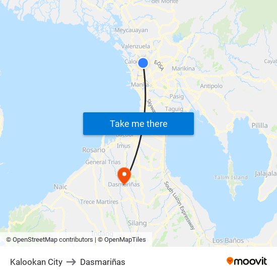 Kalookan City to Dasmariñas map
