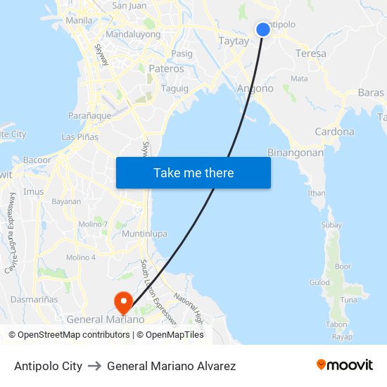 Antipolo City to General Mariano Alvarez map