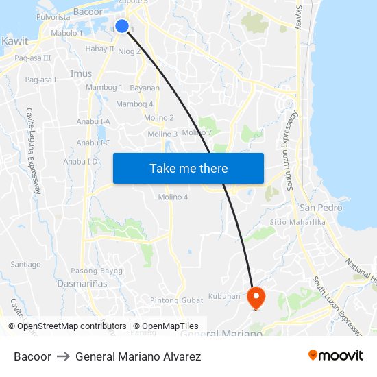Bacoor to General Mariano Alvarez map