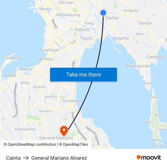 Cainta to General Mariano Alvarez map